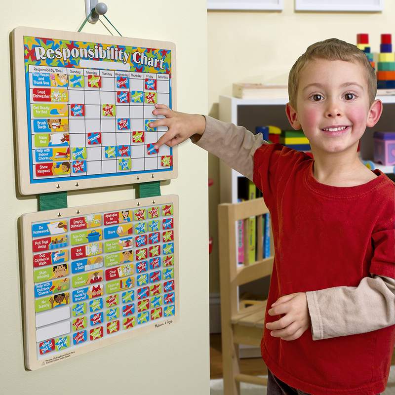 Child using a handcrafted magnetic responsibility chart with colorful behavior magnets, designed for encouraging positive habits in children's indoor play and toys collections.
