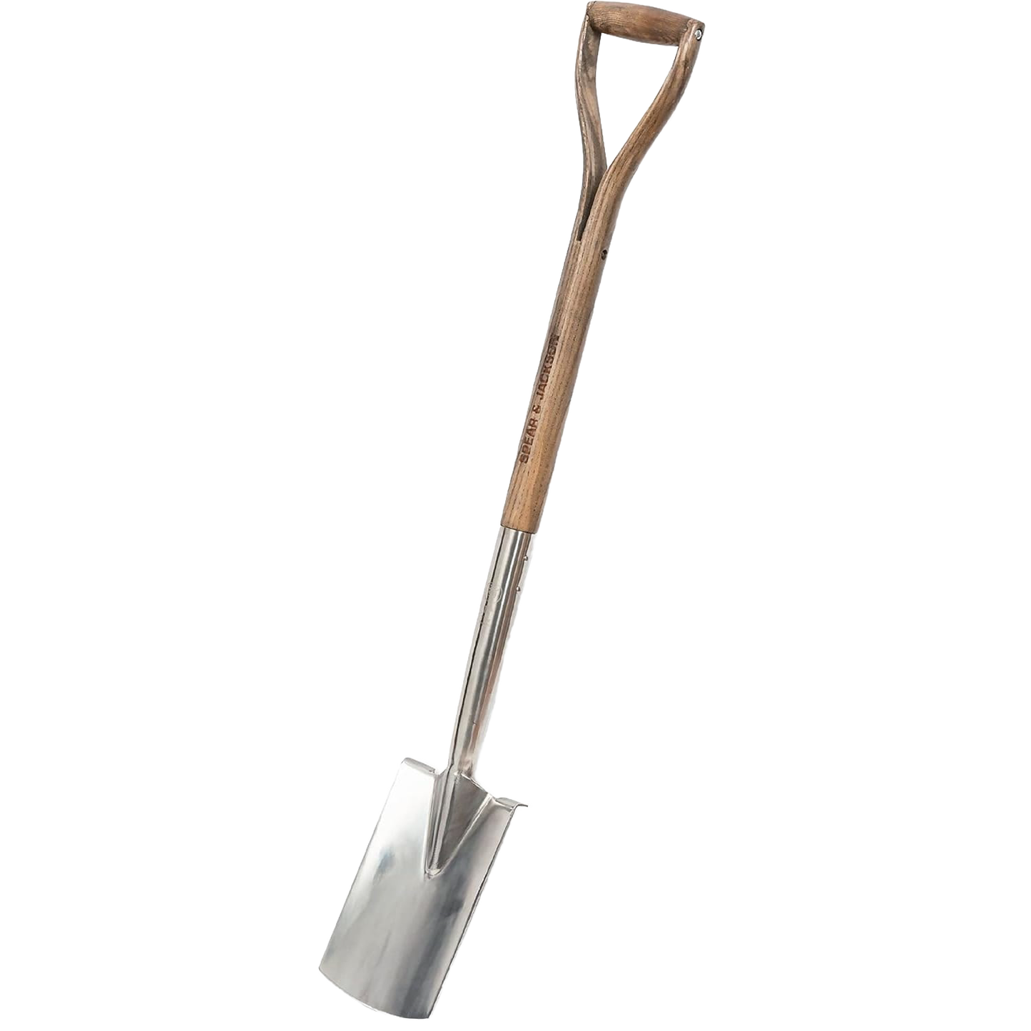 Traditional garden border spade with a mirror-polished stainless steel head and wooden D-handle, designed for digging and cultivating in tight spaces; ideal for Farm, Garden & Tool and Lawncare collections.