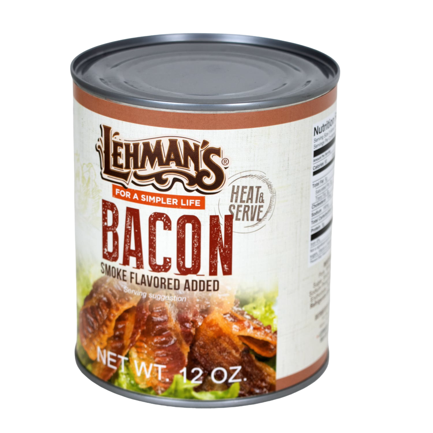 Can of handcrafted ready-to-eat smoked bacon with heat and serve label, made in USA, ideal for Kitchen & Food, Camping, Emergency Supplies, and Best Sellers collections.