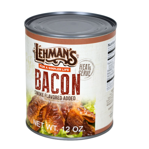 Can of handcrafted ready-to-eat smoked bacon with heat and serve label, made in USA, ideal for Kitchen & Food, Camping, Emergency Supplies, and Best Sellers collections.