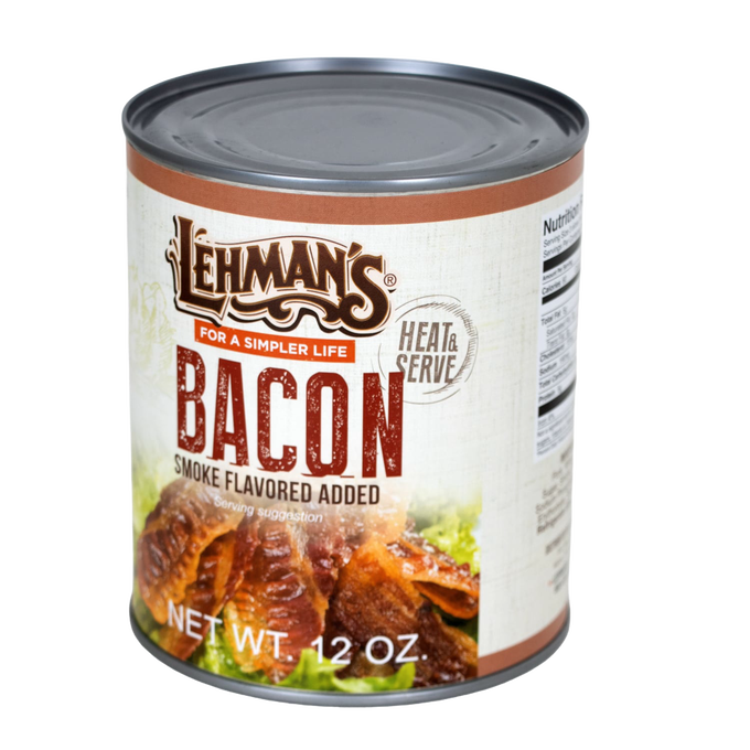 Can of handcrafted ready-to-eat smoked bacon with heat and serve label, made in USA, ideal for Kitchen & Food, Camping, Emergency Supplies, and Best Sellers collections.