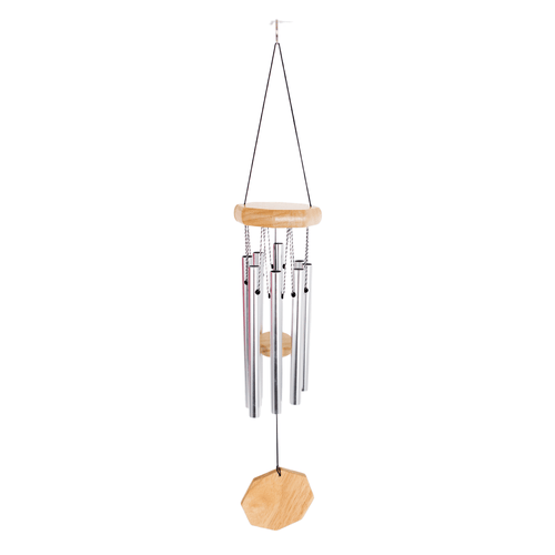 Handcrafted silver windchime with polished wooden top and octagon-shaped wooden windcatcher, designed for peaceful outdoor ambiance in Farm, Garden & Tool, Garden Accessories, and Best Sellers collections.