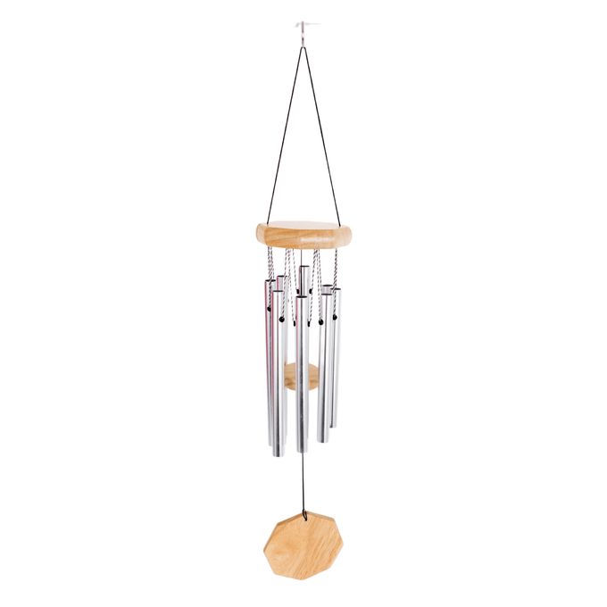Handcrafted silver windchime with polished wooden top and octagon-shaped wooden windcatcher, designed for peaceful outdoor ambiance in Farm, Garden & Tool, Garden Accessories, and Best Sellers collections.