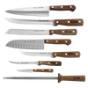 Set of seven kitchen knives and one sharpening steel with solid walnut handles, handcrafted and made in USA, designed for versatile food prep and included in best sellers and kitchen knives collections.