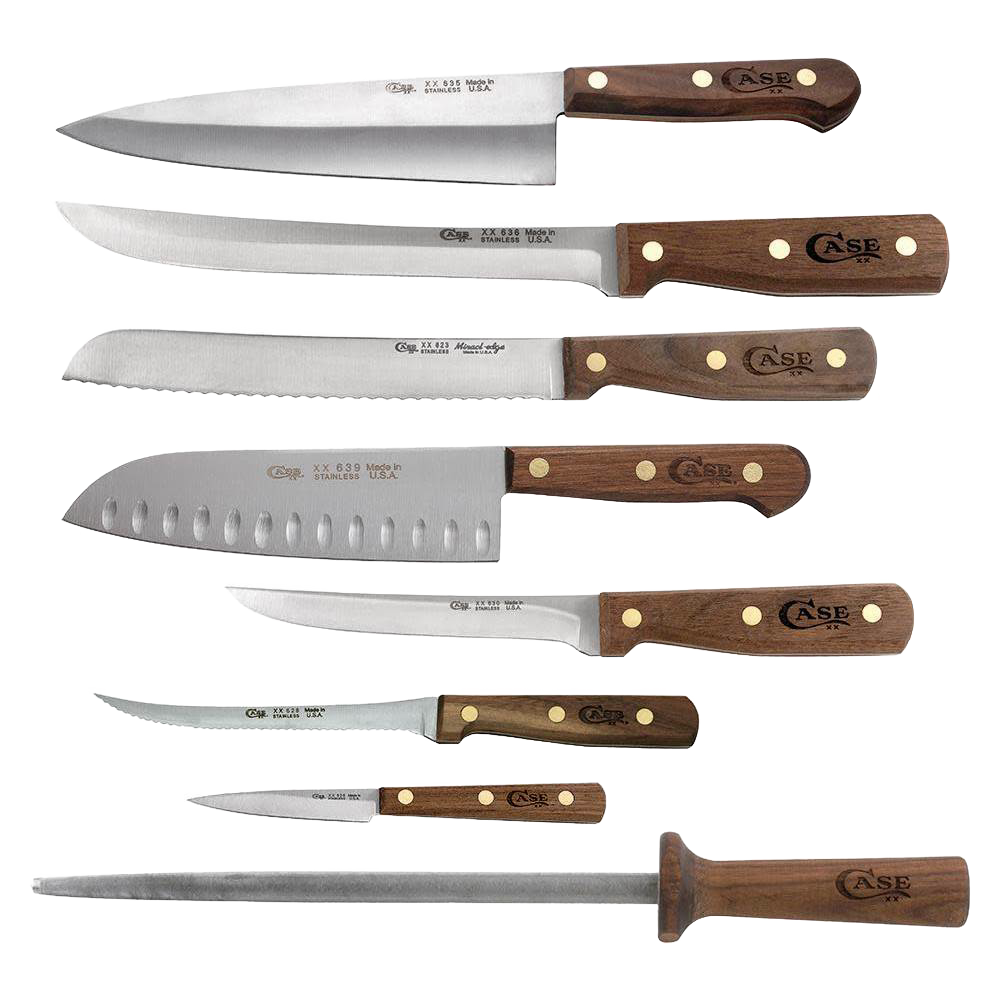 Set of seven kitchen knives and one sharpening steel with solid walnut handles, handcrafted and made in USA, designed for versatile food prep and included in best sellers and kitchen knives collections.