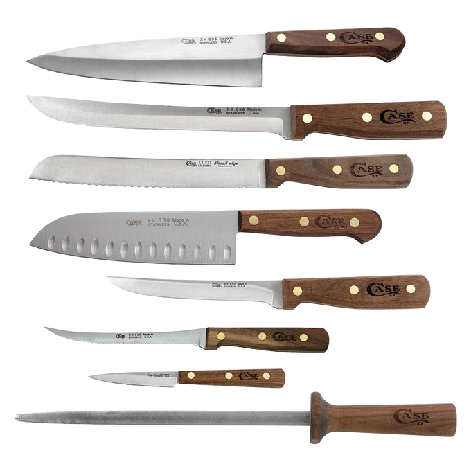 Set of seven kitchen knives and one sharpening steel with solid walnut handles, handcrafted and made in USA, designed for versatile food prep and included in best sellers and kitchen knives collections.