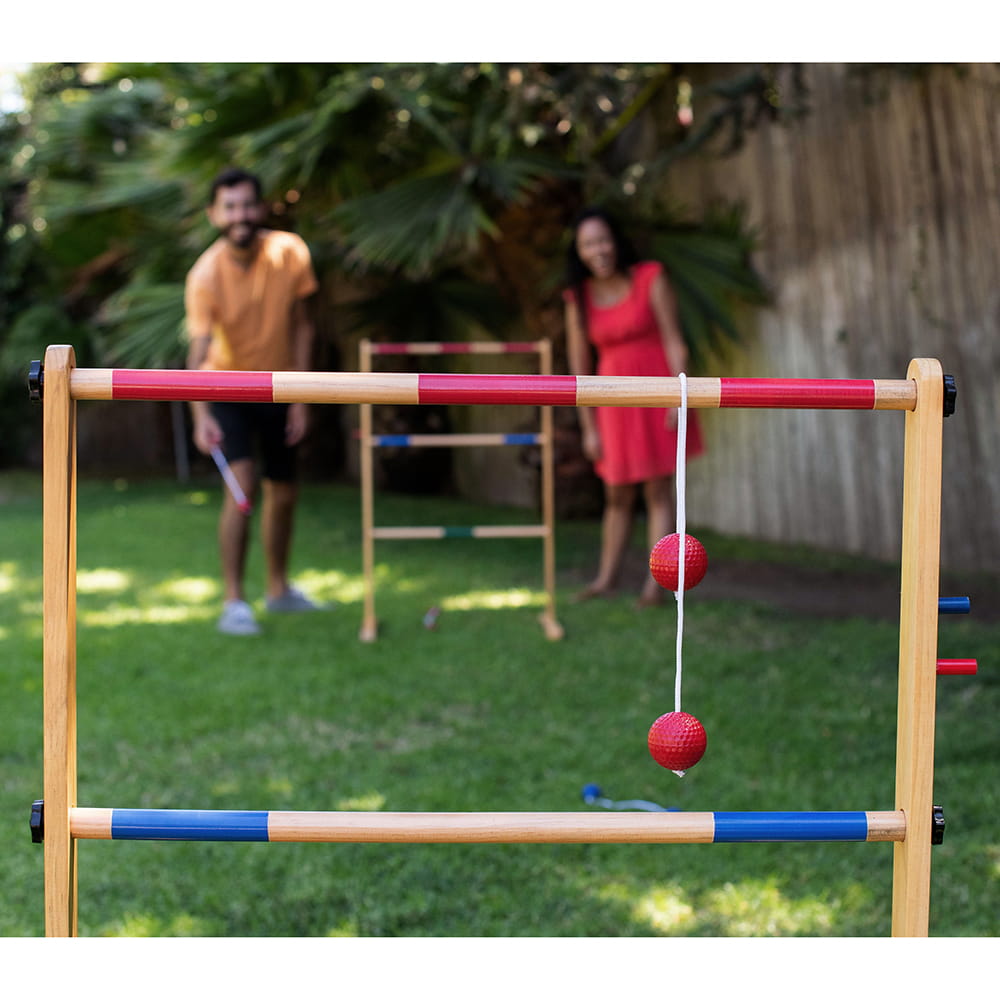 Amish handcrafted double wooden ladder game with red and blue painted rungs and golf ball bolas, ideal for outdoor fun in Toys, Books & Games, Lawn Games, Best Sellers, and Promo Eligible collections.