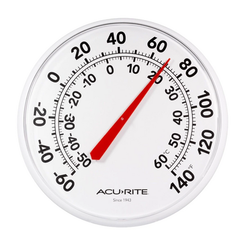 White indoor outdoor thermometer with large black numbers and red needle, measuring temperature in Fahrenheit and Celsius, water-resistant design for garden and farm use.