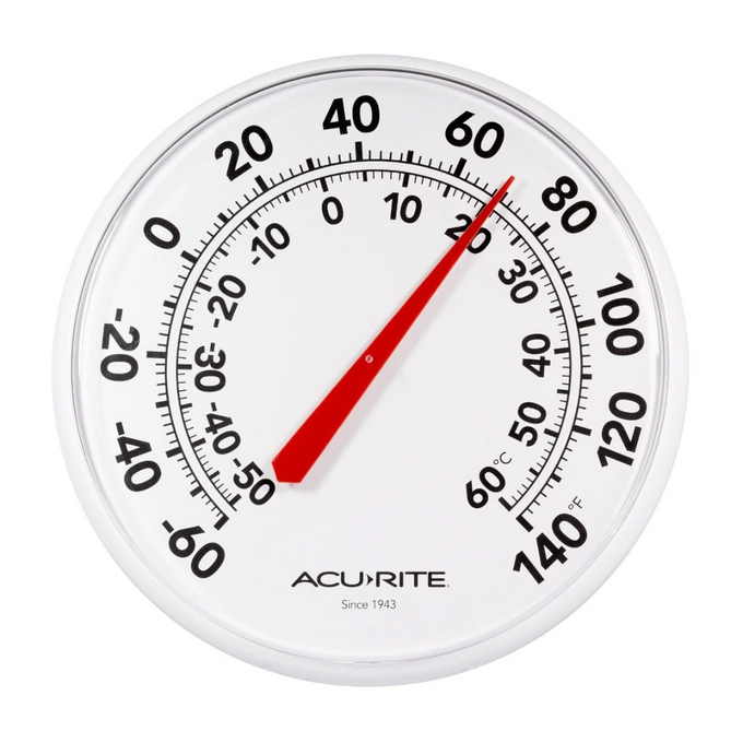 White indoor outdoor thermometer with large black numbers and red needle, measuring temperature in Fahrenheit and Celsius, water-resistant design for garden and farm use.