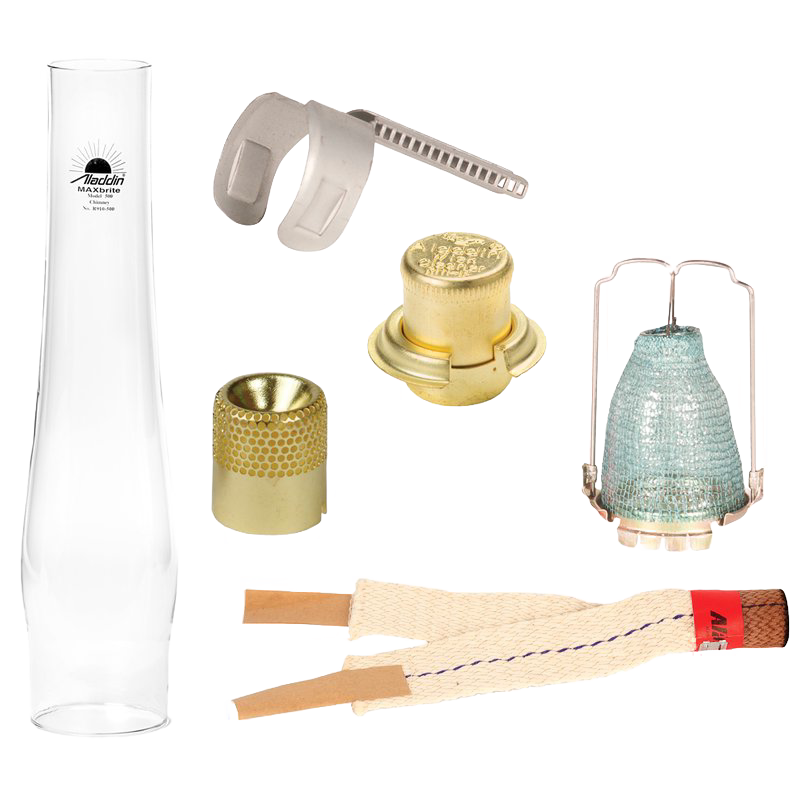 Complete replacement kit for Aladdin oil lamps featuring glass chimney, metal burner parts, blue mesh mantles, cotton wicks, and flame spreader, ideal for Lamps & Lighting and accessory collections.