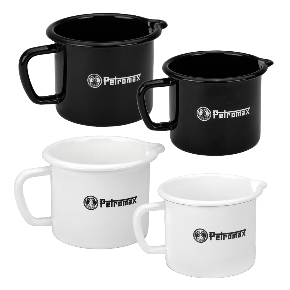 Set of handcrafted enamel milk pots in black and white, designed for camping and outdoor kitchens, part of Farm, Garden & Tool, Kitchen & Food, Camping, Cookware, and Best Sellers collections.