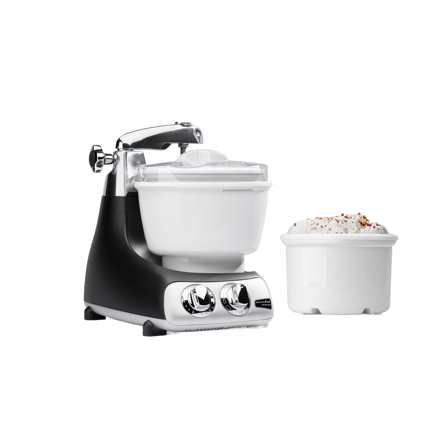 Black and silver ice cream mixer attachment with white freezing bowl and additional bowl filled with ice cream, designed as a specialty kitchen gadget for making frozen treats with ease.