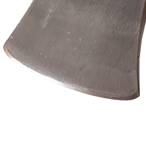 Close-up of a hand-ground, drop-forged steel axe blade edge showcasing craftsmanship typical of Amish-made, USA made outdoorsman tools ideal for camping and wood cutting.