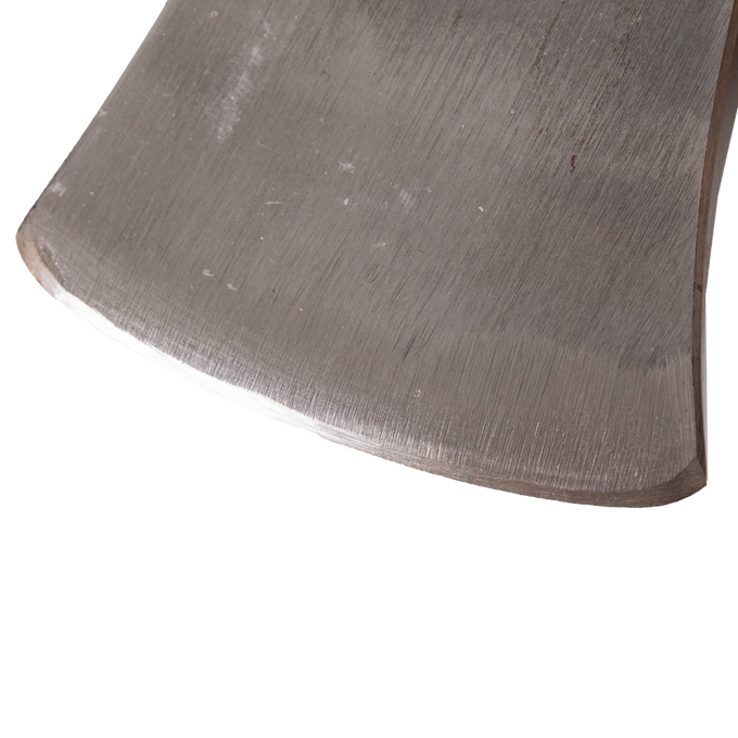 Close-up of a hand-ground, drop-forged steel axe blade edge showcasing craftsmanship typical of Amish-made, USA made outdoorsman tools ideal for camping and wood cutting.