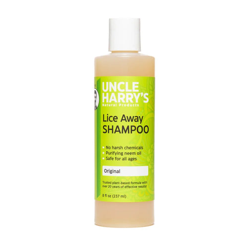 Bottle of plant-based lice treatment shampoo with neem oil, free from harsh chemicals, safe for all ages, featured in Health & Wellness and Grooming and Personal Hygiene collections.