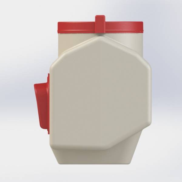 Compact gravity-fed chicken feeder with red lid and feeding port, designed to minimize waste and keep feed dry, ideal for Farm, Garden & Tool and Chicken Accessories collections.