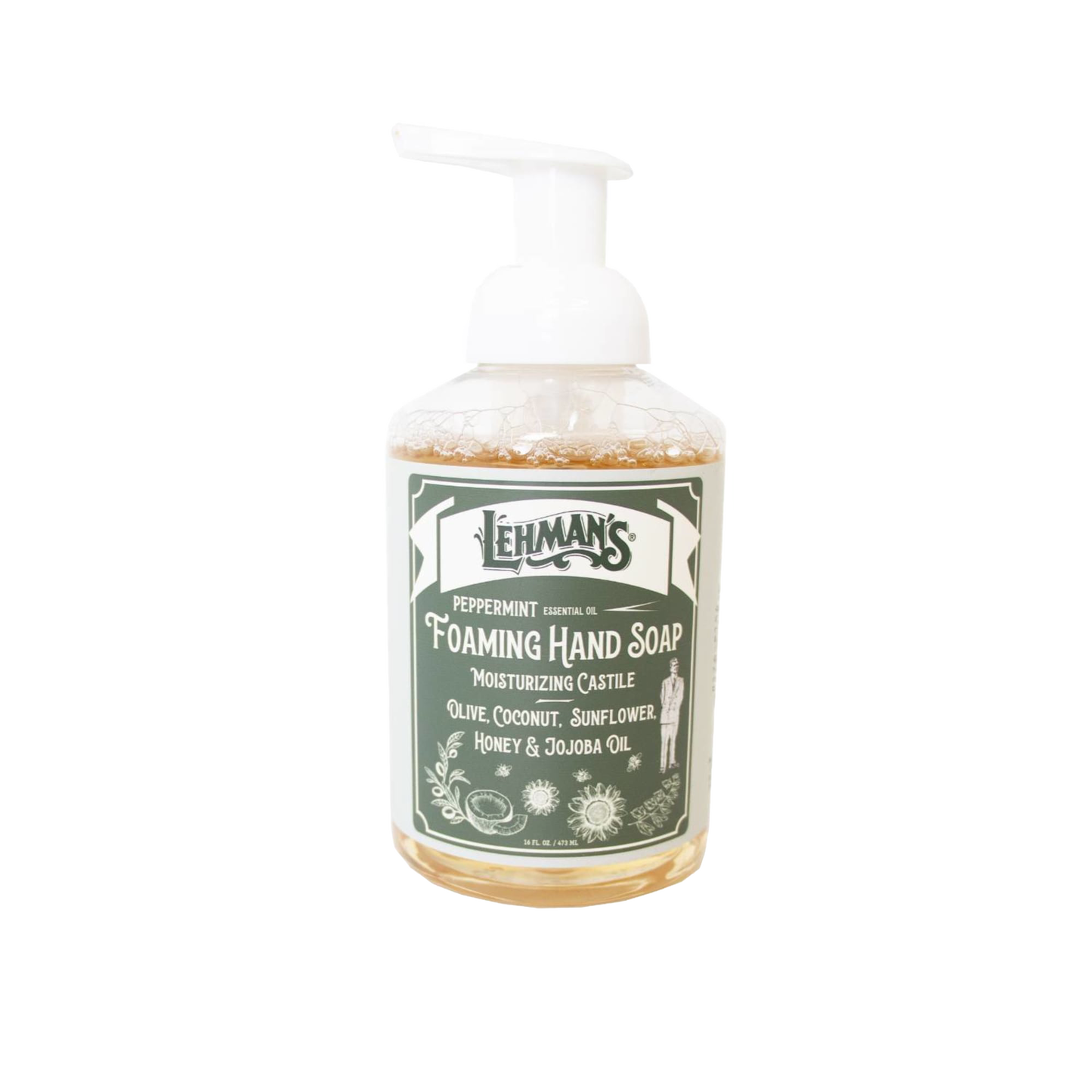 Clear bottle of handcrafted moisturizing foaming hand soap with peppermint essential oil, featuring natural oils like olive, coconut, sunflower, honey, and jojoba, made in USA, ideal for Health & Wellness, Grooming and Personal Hygiene, Soaps and Soapmaking, and Best Sellers collections.
