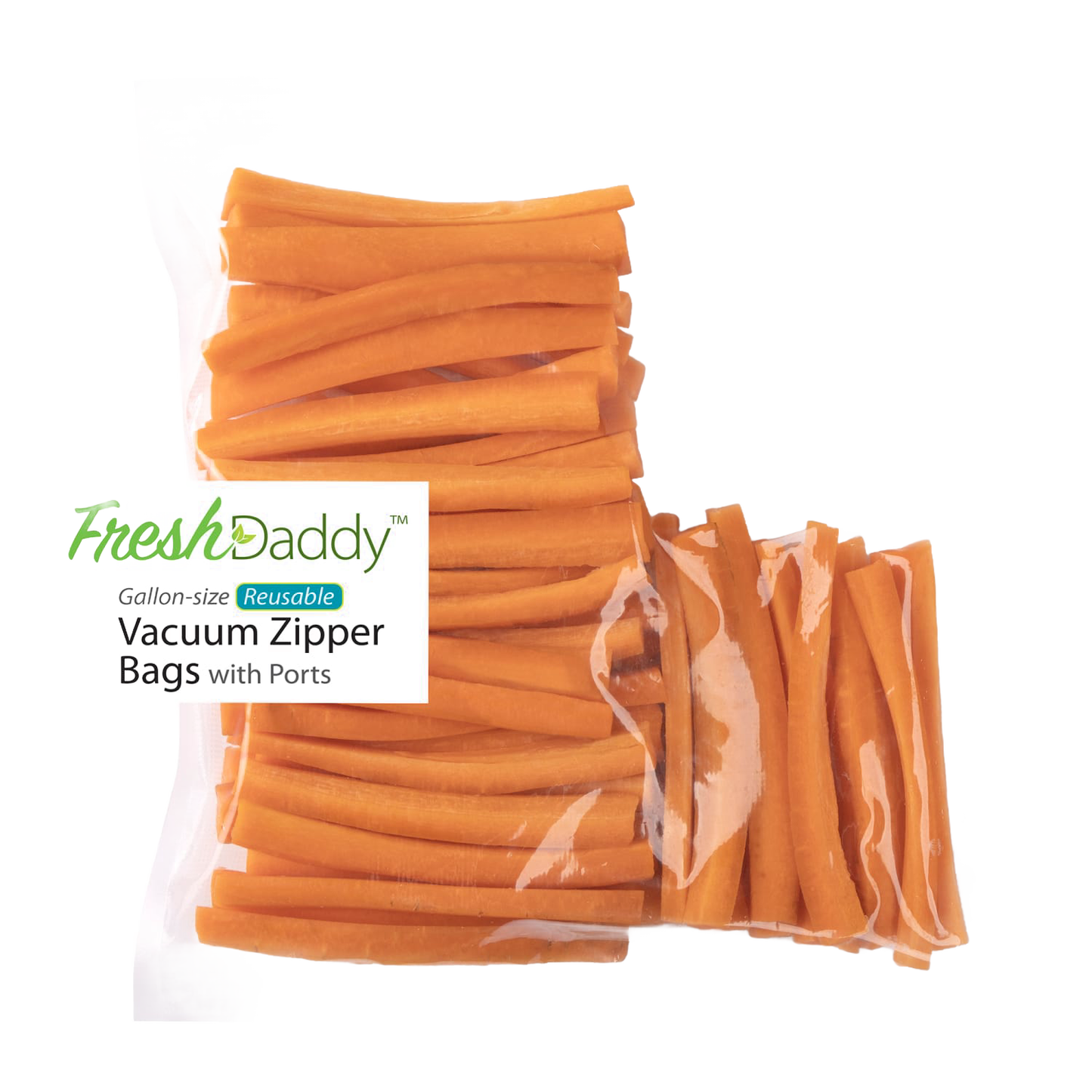 Reusable vacuum zipper bag filled with cut carrots, designed for food preservation and kitchen storage, featured in Food Preservation and Best Sellers collections.