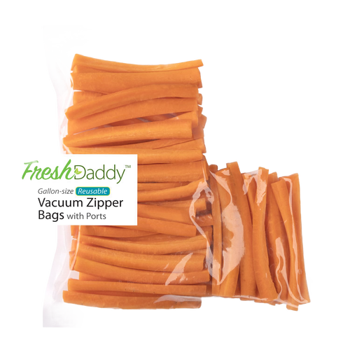 Reusable vacuum zipper bag filled with cut carrots, designed for food preservation and kitchen storage, featured in Food Preservation and Best Sellers collections.