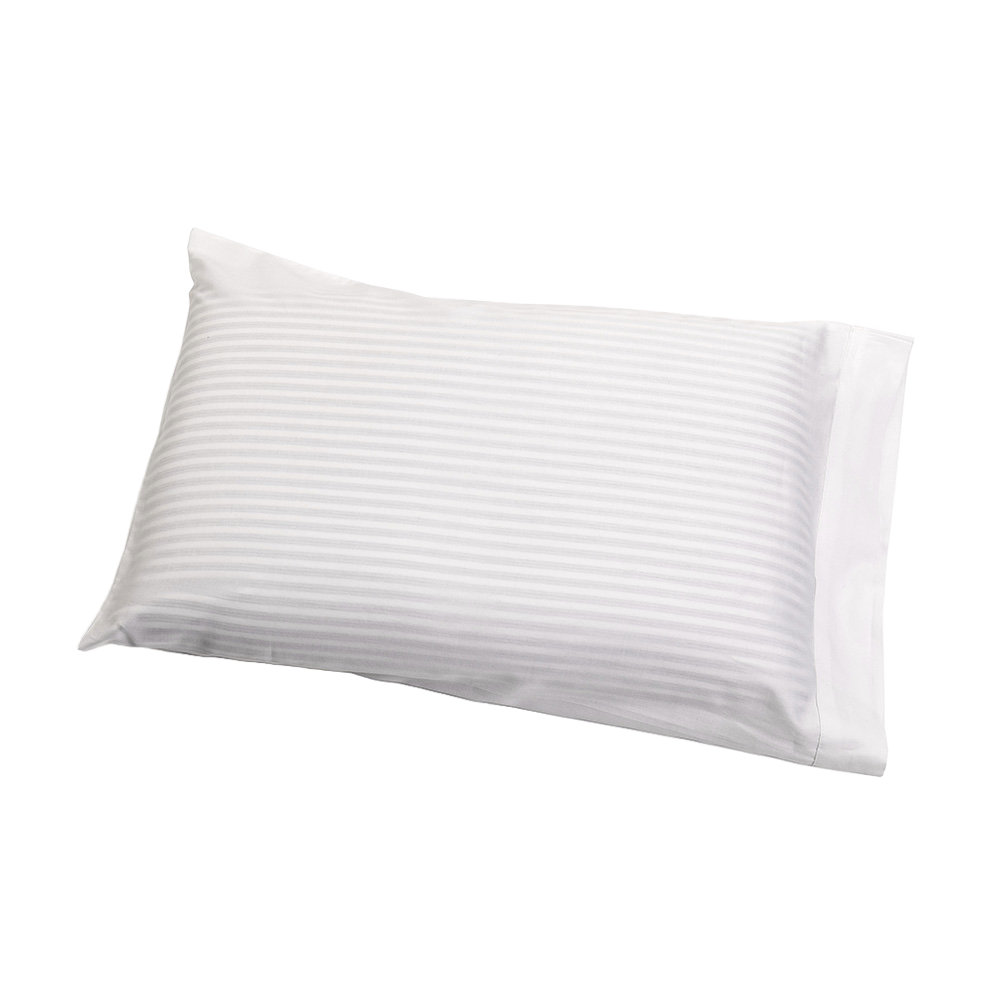 Handcrafted white bed pillow with subtle textured stripes, naturally contoured for support, made in USA, part of Home & Decor, Home Textiles, and Best Sellers collections.