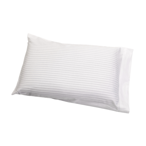 Handcrafted white bed pillow with subtle textured stripes, naturally contoured for support, made in USA, part of Home & Decor, Home Textiles, and Best Sellers collections.