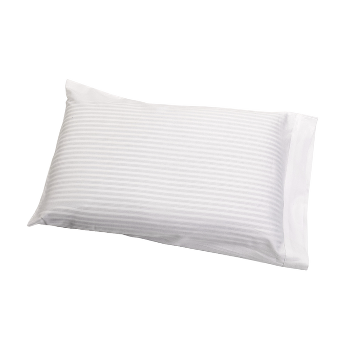 Handcrafted white bed pillow with subtle textured stripes, naturally contoured for support, made in USA, part of Home & Decor, Home Textiles, and Best Sellers collections.