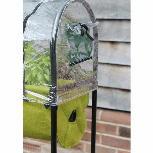 Compact raised fabric planter with green growing bed on black metal frame, featuring a clear polyethylene greenhouse cover and built-in water reservoir, ideal for small patios and balconies in Farm, Garden & Tool and Garden Accessories collections.