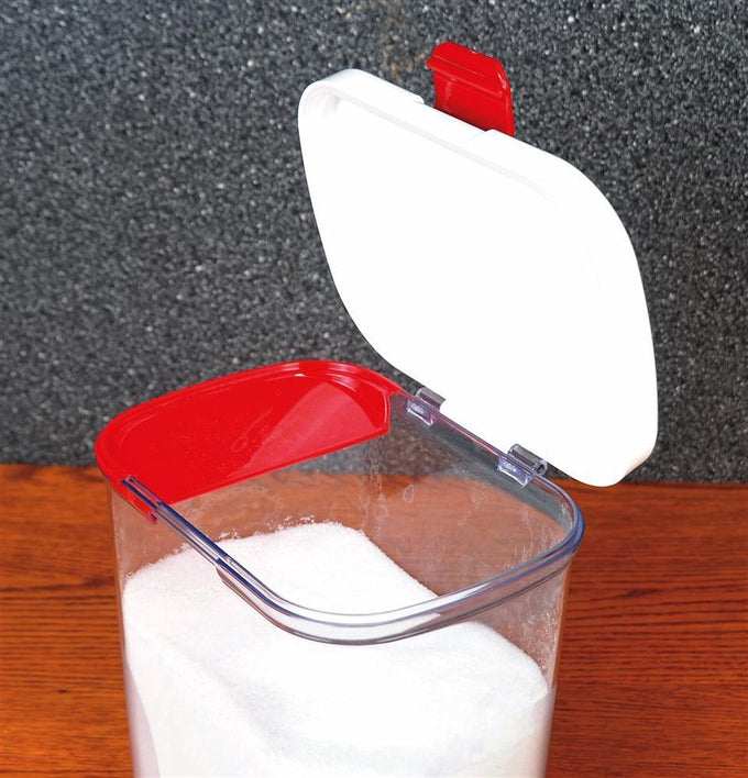 Clear plastic flour keeper with a white hinged airtight lid and red built-in leveler for measuring, designed to keep flour fresh and organized in Kitchen & Food, Storage and Serving, Best Sellers, and Promo Eligible collections.