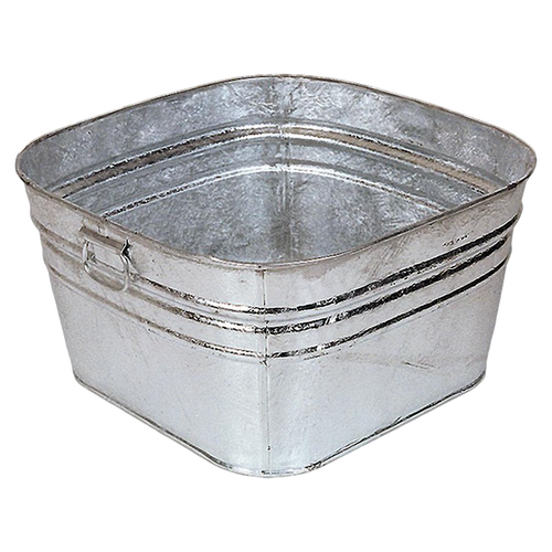 Square galvanized wash tub with reinforced sides and handles, hot dipped for durability, suitable for indoor and outdoor use, featured in Home & Decor and Laundry Supplies collections.
