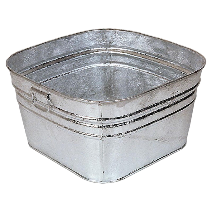 Square galvanized wash tub with reinforced sides and handles, hot dipped for durability, suitable for indoor and outdoor use, featured in Home & Decor and Laundry Supplies collections.