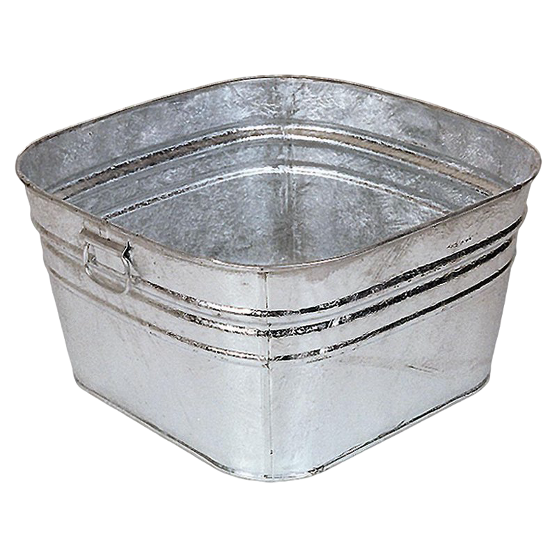 Square galvanized wash tub with reinforced sides and handles, hot dipped for durability, suitable for indoor and outdoor use, featured in Home & Decor and Laundry Supplies collections.