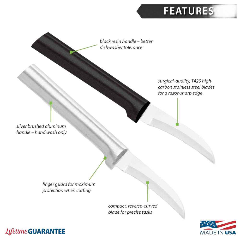 Two handcrafted Rada Granny parer knives with high carbon surgical stainless steel blades and two handle styles—black textured polymer and solid aluminum—made in USA, featured in Kitchen Knives and Food Prep collections.