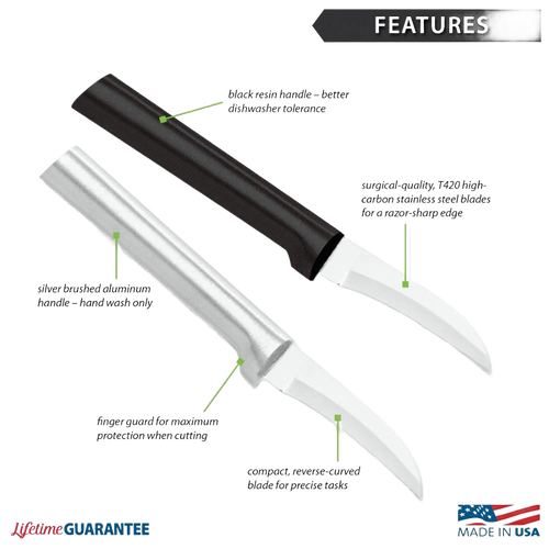 Two handcrafted Rada Granny parer knives with high carbon surgical stainless steel blades and two handle styles—black textured polymer and solid aluminum—made in USA, featured in Kitchen Knives and Food Prep collections.