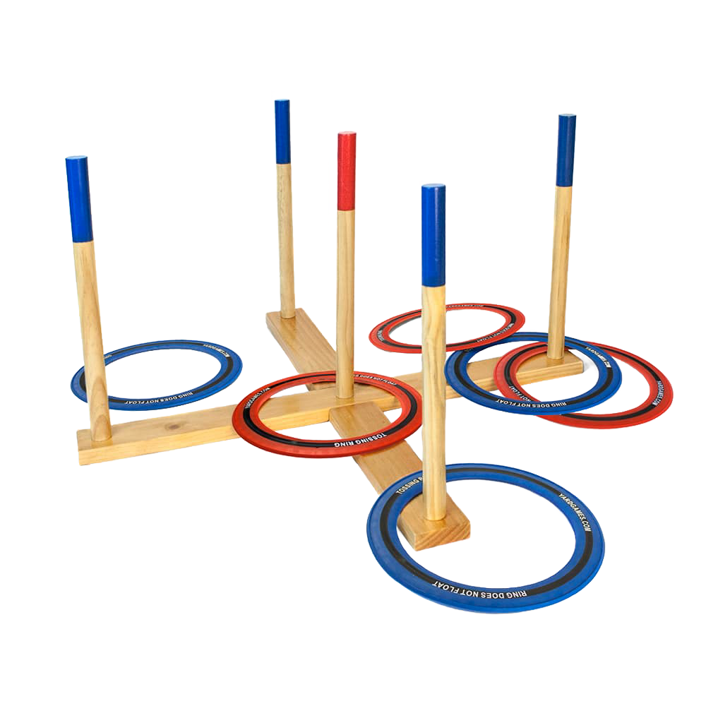 Wooden giant ring toss lawn game set with four tall pegs and six tossing rings in red and blue, handcrafted and featured in Toys, Books & Games, Lawn Games, and Best Sellers collections.