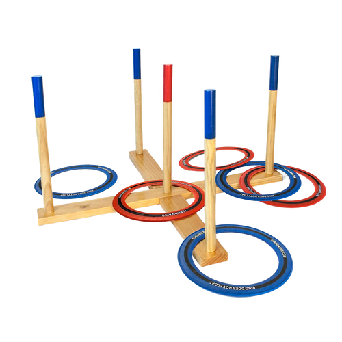 Wooden giant ring toss lawn game set with four tall pegs and six tossing rings in red and blue, handcrafted and featured in Toys, Books & Games, Lawn Games, and Best Sellers collections.