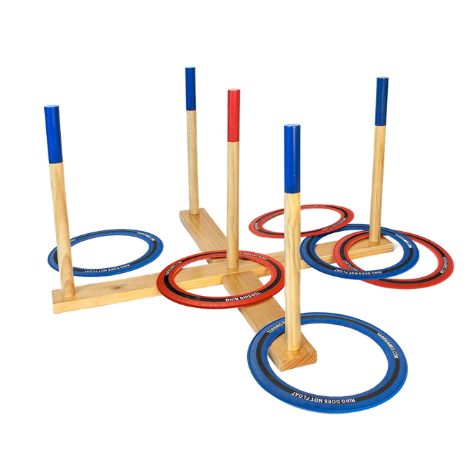 Wooden giant ring toss lawn game set with four tall pegs and six tossing rings in red and blue, handcrafted and featured in Toys, Books & Games, Lawn Games, and Best Sellers collections.