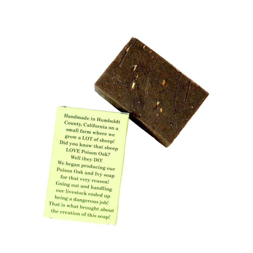 Handcrafted dark brown soap bar made with essential oils and herbal extracts, designed for soothing skin irritation; featured in Health & Wellness, Soaps, USA Made, and Best Sellers collections.