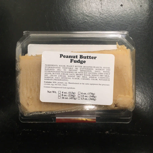 Clear plastic container with a generous portion of creamy peanut butter fudge, handcrafted for a melt-in-your-mouth texture, featured in Kitchen & Food, Snacks and Sweets, USA Made, Best Sellers, and Promo Eligible collections.