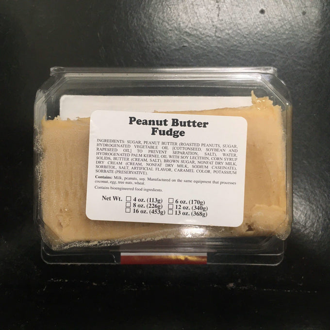 Clear plastic container with a generous portion of creamy peanut butter fudge, handcrafted for a melt-in-your-mouth texture, featured in Kitchen & Food, Snacks and Sweets, USA Made, Best Sellers, and Promo Eligible collections.