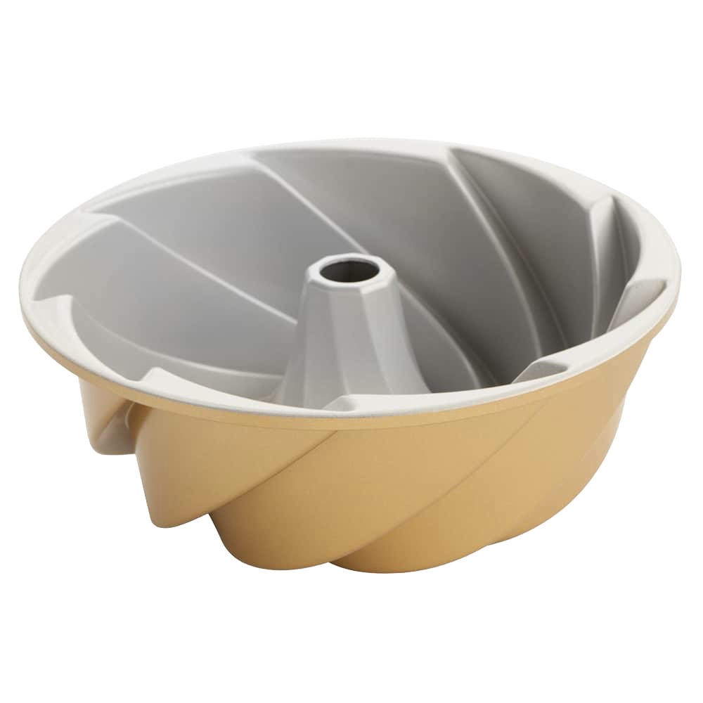 Two-tone cast aluminum bundt pan with a classic swirl pattern and PFOA-free nonstick coating, handcrafted in the USA, ideal for Kitchen & Food, Cookware, and Baking Supplies collections.