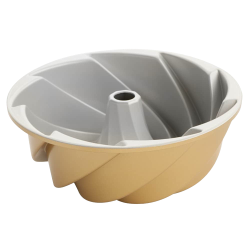 Two-tone cast aluminum bundt pan with a classic swirl pattern and PFOA-free nonstick coating, handcrafted in the USA, ideal for Kitchen & Food, Cookware, and Baking Supplies collections.