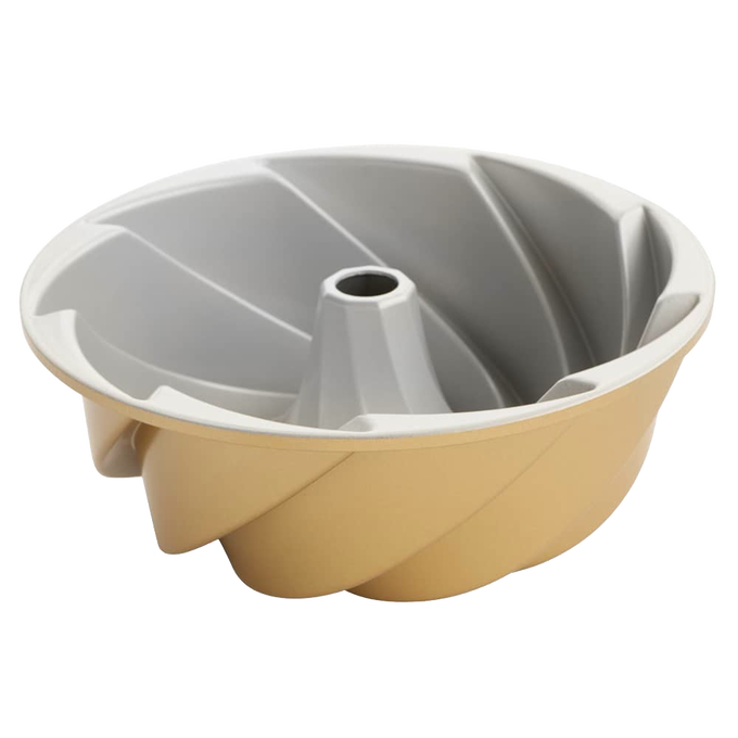 Two-tone cast aluminum bundt pan with a classic swirl pattern and PFOA-free nonstick coating, handcrafted in the USA, ideal for Kitchen & Food, Cookware, and Baking Supplies collections.