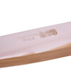 Close-up of a polished stainless steel blade etched with the Lehman’s logo, reflecting light to highlight its sharp, smooth edge from a handcrafted kitchen utility knife.