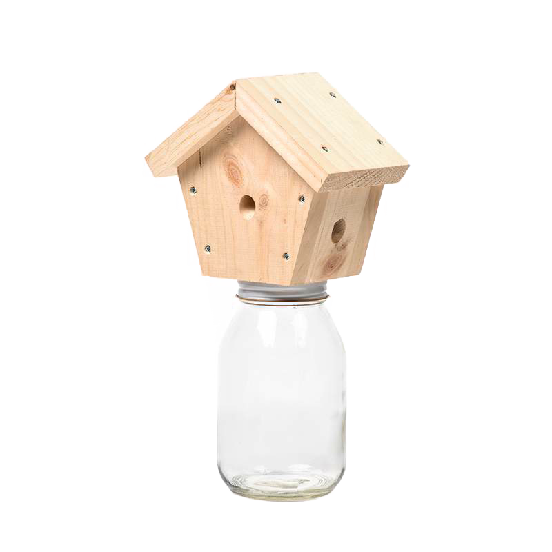 Handcrafted pine wood trap featuring a small entrance hole mounted on a clear glass jar, designed for outdoor pest control of carpenter bees, Amish made in the USA, part of Farm, Garden & Tool and Beekeeping Supplies collections.