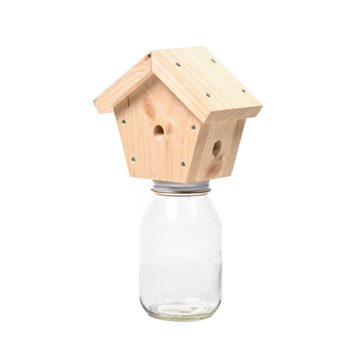 Handcrafted pine wood trap featuring a small entrance hole mounted on a clear glass jar, designed for outdoor pest control of carpenter bees, Amish made in the USA, part of Farm, Garden & Tool and Beekeeping Supplies collections.