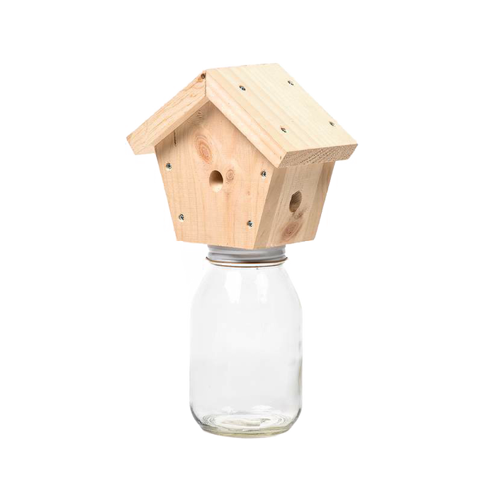 Handcrafted pine wood trap featuring a small entrance hole mounted on a clear glass jar, designed for outdoor pest control of carpenter bees, Amish made in the USA, part of Farm, Garden & Tool and Beekeeping Supplies collections.