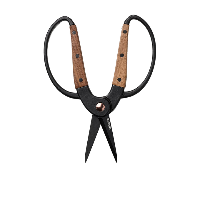 Small gardener's scissors with heat-treated stainless steel blades and wide walnut handles featuring ambidextrous design, ideal for precise herb harvesting in Farm, Garden & Tool and Garden Accessories collections.