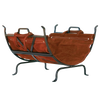 Heavy-steel iron log holder with suede leather carrier featuring sturdy handles and Olde World finish, designed for convenient firewood storage near stoves and fireplaces.