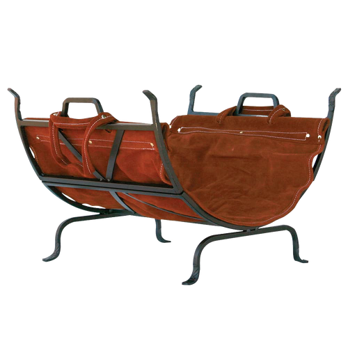 Heavy-steel iron log holder with suede leather carrier featuring sturdy handles and Olde World finish, designed for convenient firewood storage near stoves and fireplaces.