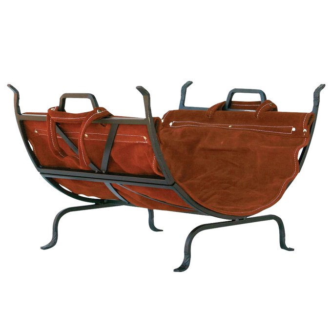 Heavy-steel iron log holder with suede leather carrier featuring sturdy handles and Olde World finish, designed for convenient firewood storage near stoves and fireplaces.